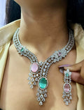 Diamond-Cut Dual Stone Bridal Jewellery Set | Silver American Diamond Indian Necklace & Earring Set | Elegant Indian Jewellery for Wedding & Party Wear