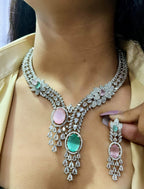 Diamond-Cut Dual Stone Bridal Jewellery Set | Silver American Diamond Indian Necklace & Earring Set | Elegant Indian Jewellery for Wedding & Party Wear