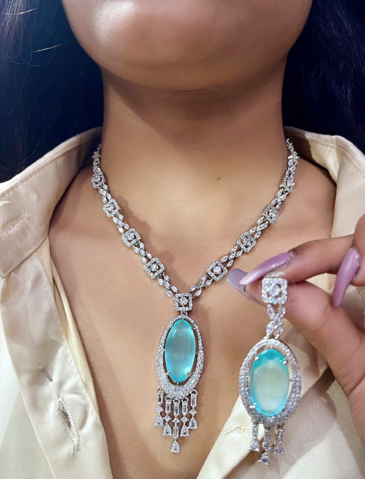 Silver American Diamond Bridal Jewellery Set | Gemstone Indian Necklace & Earring Set | Elegant Indian Bridal Jewellery for Wedding & Party Wear