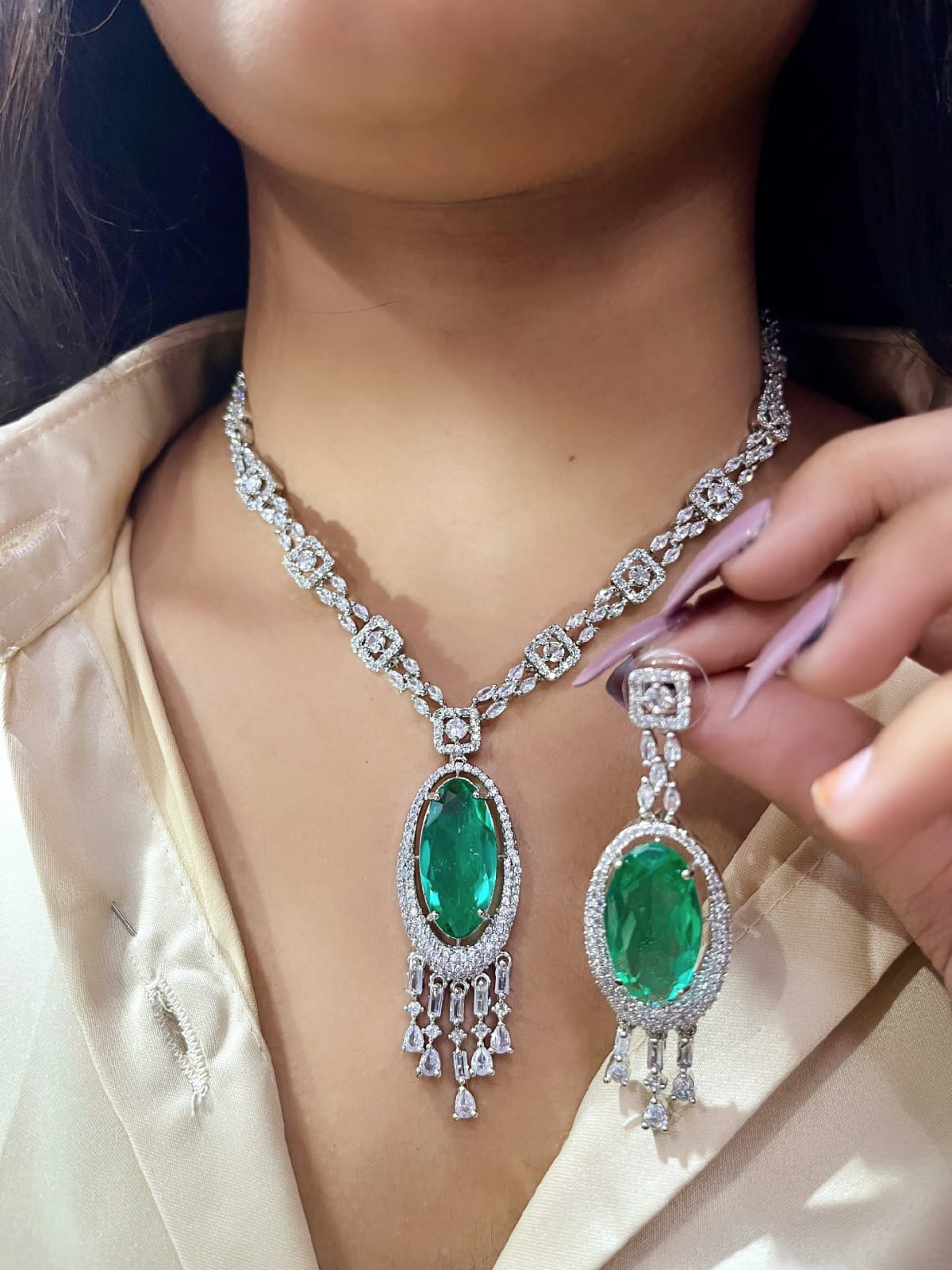 Silver American Diamond Bridal Jewellery Set | Gemstone Indian Necklace & Earring Set | Elegant Indian Bridal Jewellery for Wedding & Party Wear