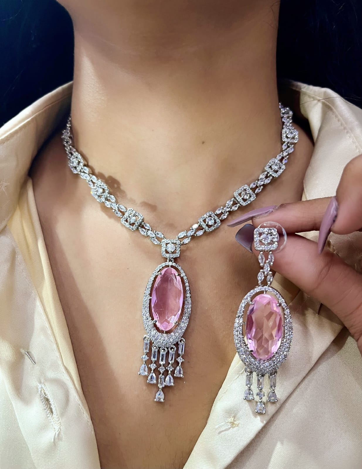 Silver American Diamond Bridal Jewellery Set | Gemstone Indian Necklace & Earring Set | Elegant Indian Bridal Jewellery for Wedding & Party Wear