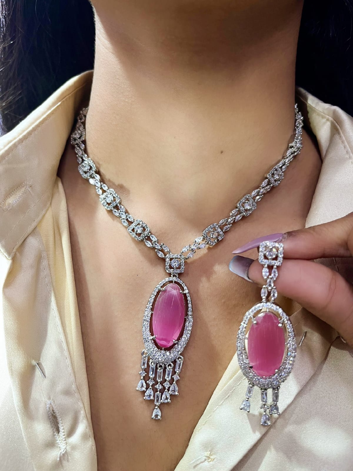 Silver American Diamond Bridal Jewellery Set | Gemstone Indian Necklace & Earring Set | Elegant Indian Bridal Jewellery for Wedding & Party Wear