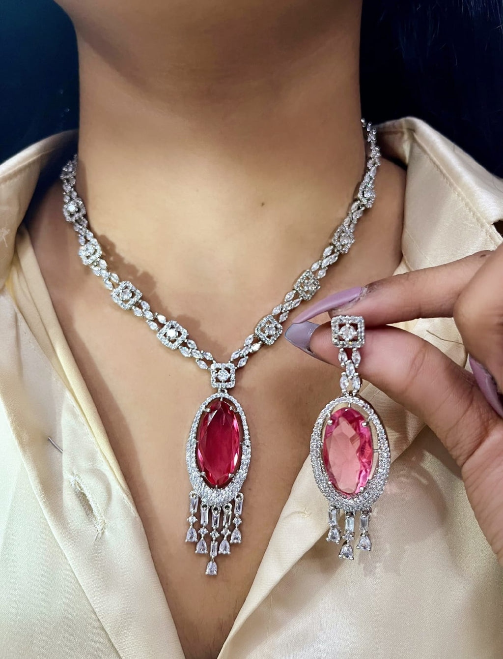 Silver American Diamond Bridal Jewellery Set | Gemstone Indian Necklace & Earring Set | Elegant Indian Bridal Jewellery for Wedding & Party Wear