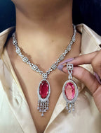 Silver American Diamond Bridal Jewellery Set | Gemstone Indian Necklace & Earring Set | Elegant Indian Bridal Jewellery for Wedding & Party Wear