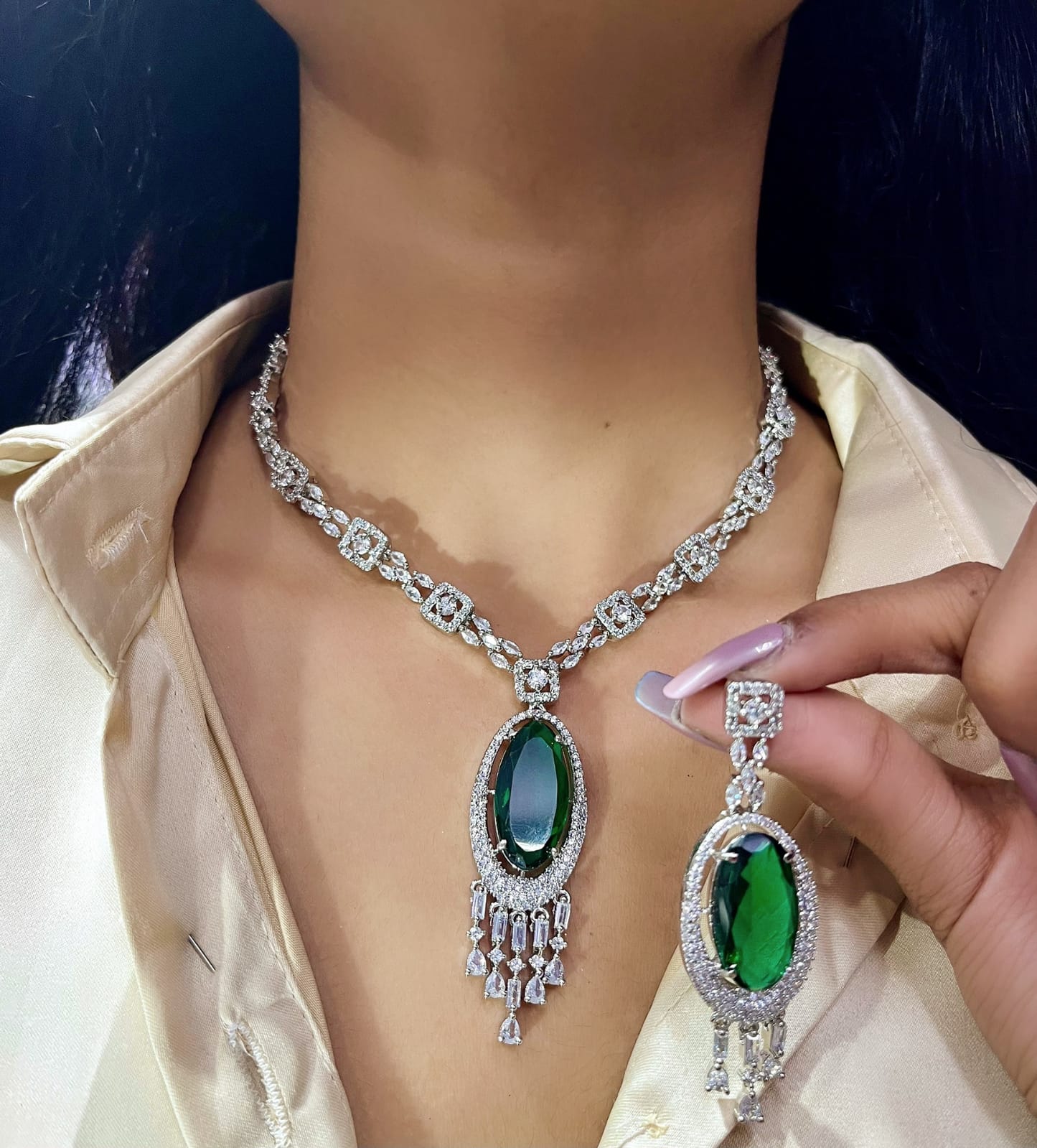 Silver American Diamond Bridal Jewellery Set | Gemstone Indian Necklace & Earring Set | Elegant Indian Bridal Jewellery for Wedding & Party Wear