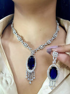 Silver American Diamond Bridal Jewellery Set | Gemstone Indian Necklace & Earring Set | Elegant Indian Bridal Jewellery for Wedding & Party Wear