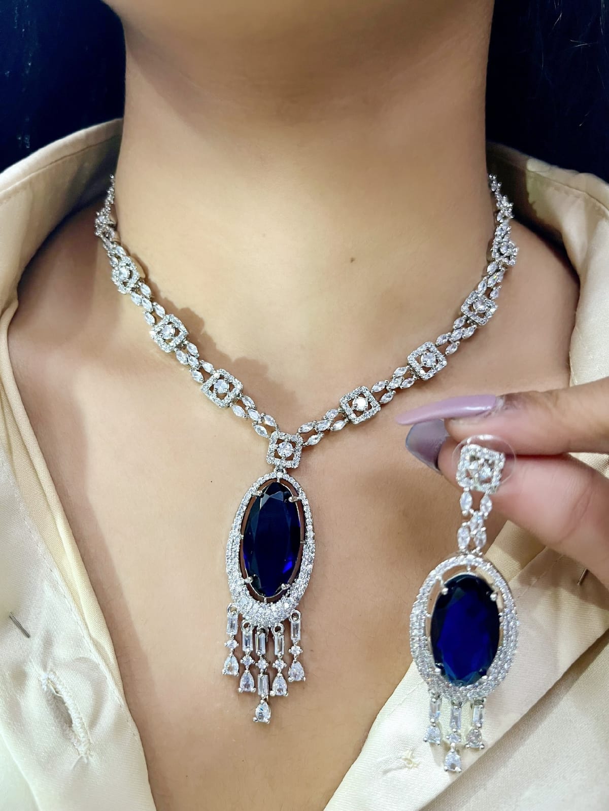 Silver American Diamond Bridal Jewellery Set | Gemstone Indian Necklace & Earring Set | Elegant Indian Bridal Jewellery for Wedding & Party Wear