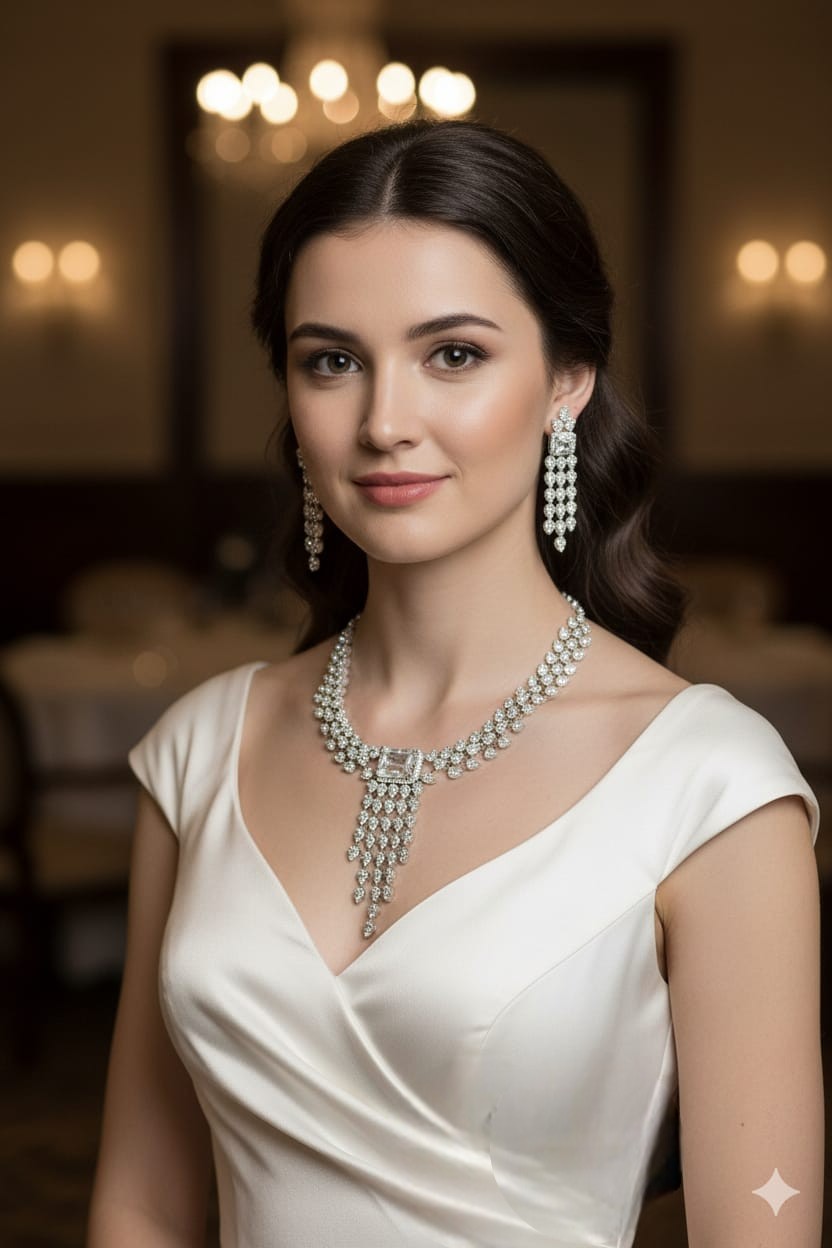 Silver American Diamond Bridal Jewellery Set | Cascade CZ Diamond Indian Necklace & Earring Set | Elegant Indian Bridal Jewellery for Wedding & Party Wear