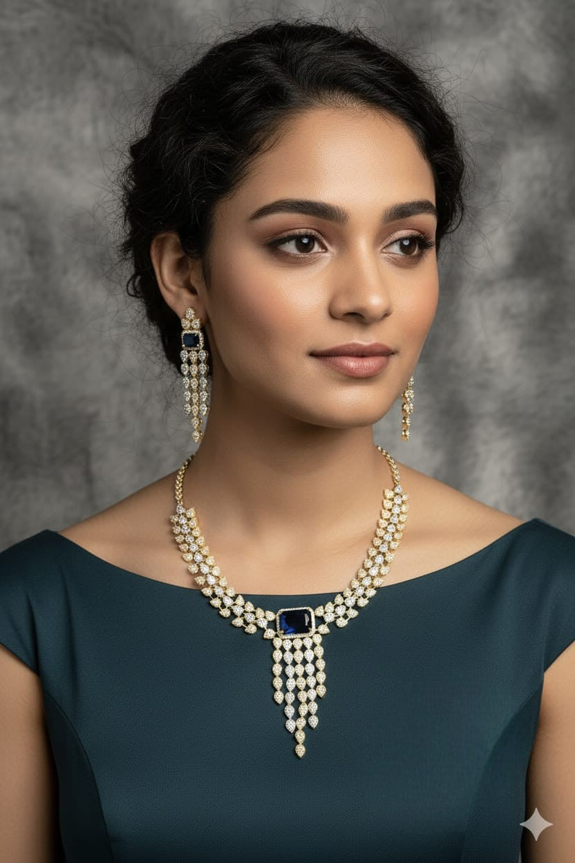 Bridal Silver American Diamond Cascade Jewellery Set | Indian Necklace & Earring Set with CZ Diamonds | Elegant Indian Bridal Jewellery for Wedding & Party Wear
