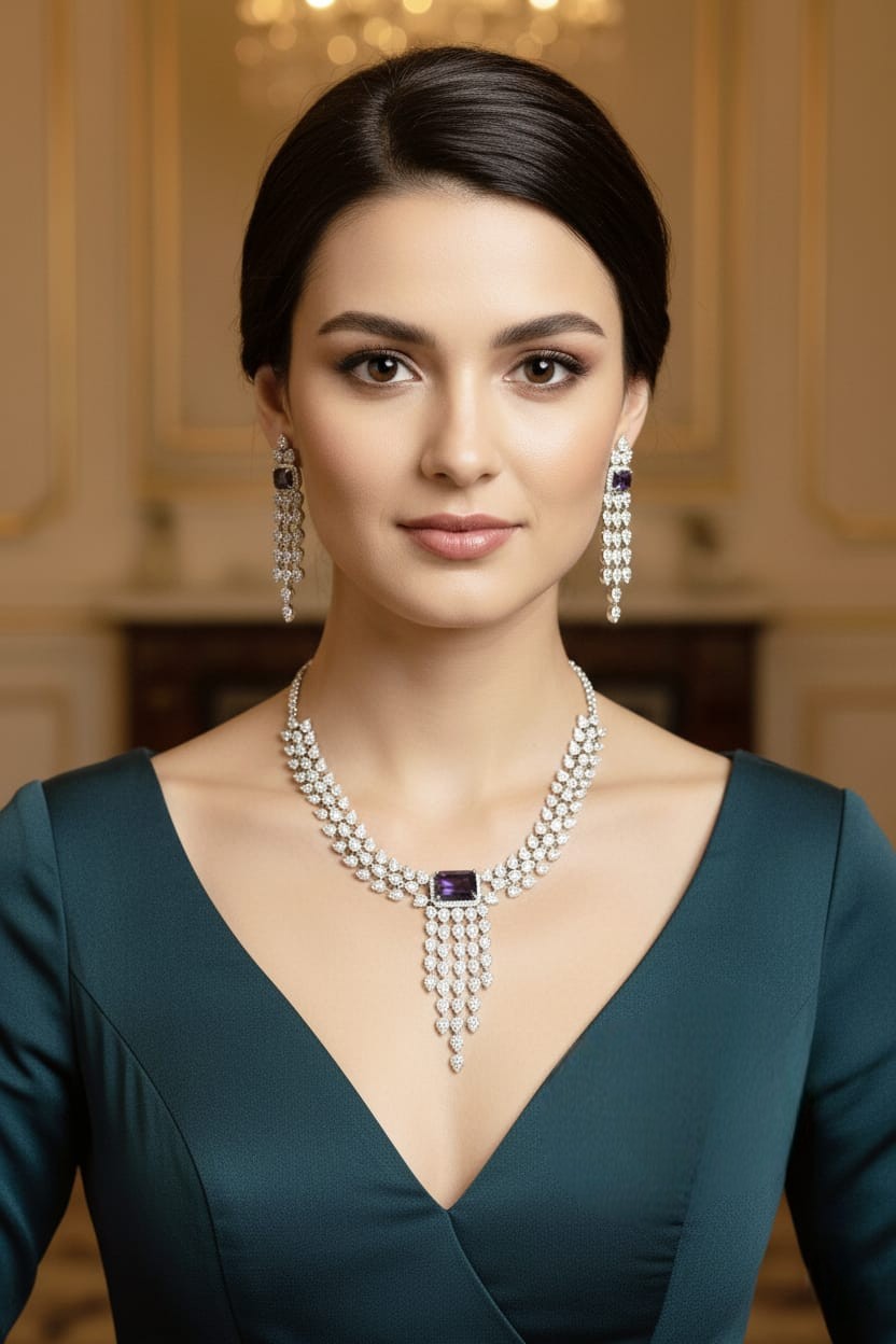 Silver American Diamond Bridal Jewellery Set | Cascade CZ Diamond Indian Necklace & Earring Set | Elegant Indian Bridal Jewellery for Wedding & Party Wear