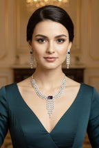 Silver American Diamond Bridal Jewellery Set | Cascade CZ Diamond Indian Necklace & Earring Set | Elegant Indian Bridal Jewellery for Wedding & Party Wear