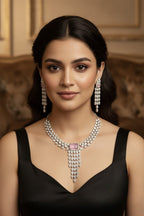 Silver American Diamond Bridal Jewellery Set | Cascade CZ Diamond Indian Necklace & Earring Set | Elegant Indian Bridal Jewellery for Wedding & Party Wear