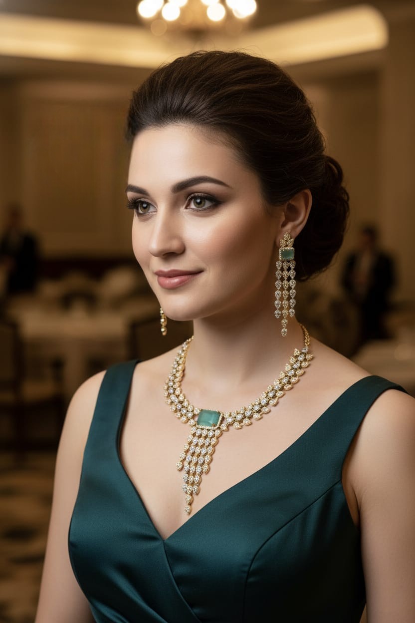 Bridal Silver American Diamond Cascade Jewellery Set | Indian Necklace & Earring Set with CZ Diamonds | Elegant Indian Bridal Jewellery for Wedding & Party Wear