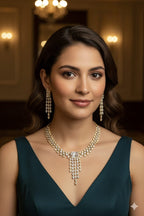Bridal Silver American Diamond Cascade Jewellery Set | Indian Necklace & Earring Set with CZ Diamonds | Elegant Indian Bridal Jewellery for Wedding & Party Wear