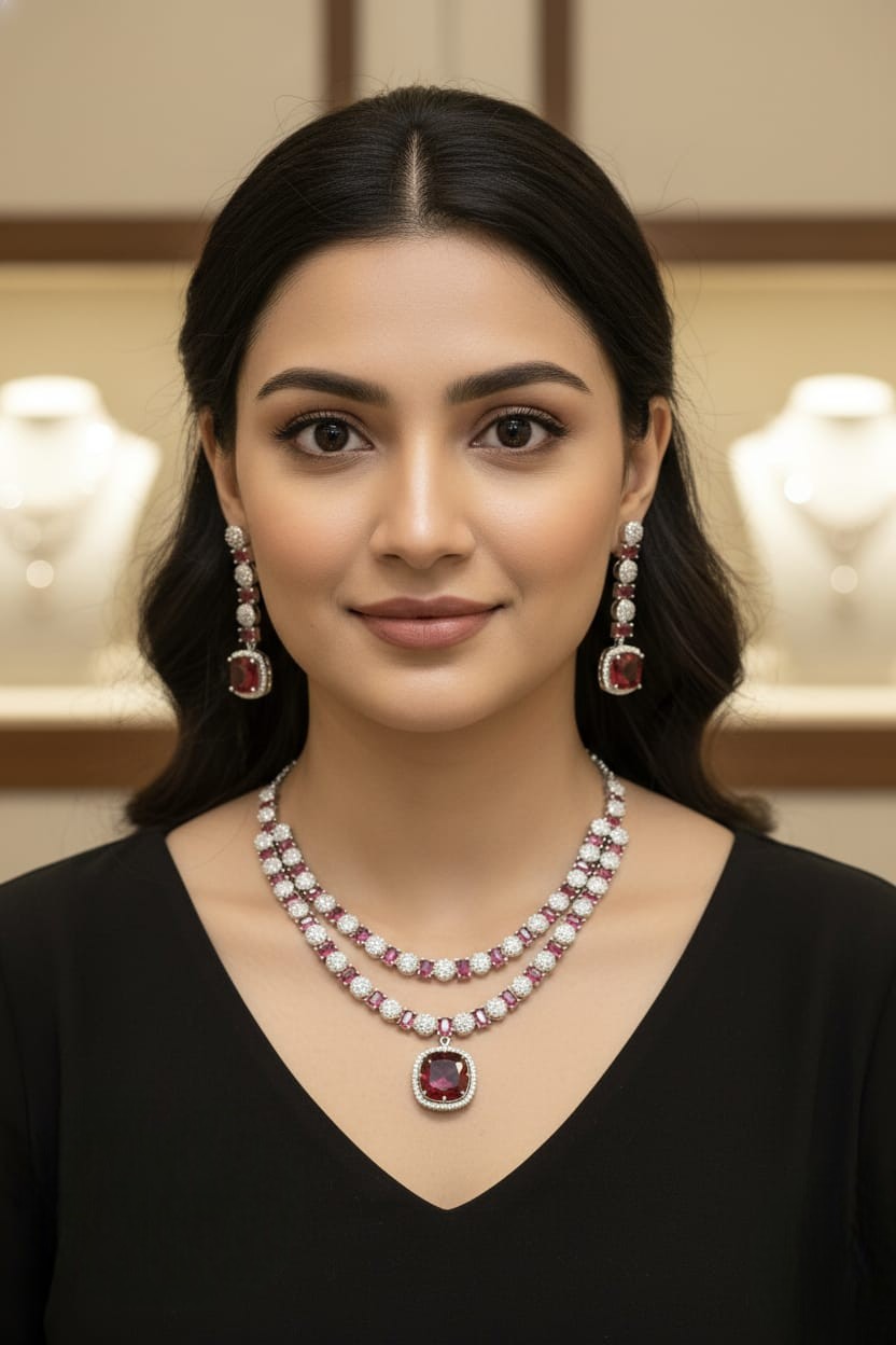 Silver American Diamond Jewellery Set | Elegant Indian Necklace Set with Earrings | Traditional Indian Bridal Jewellery for Wedding & Party Wear