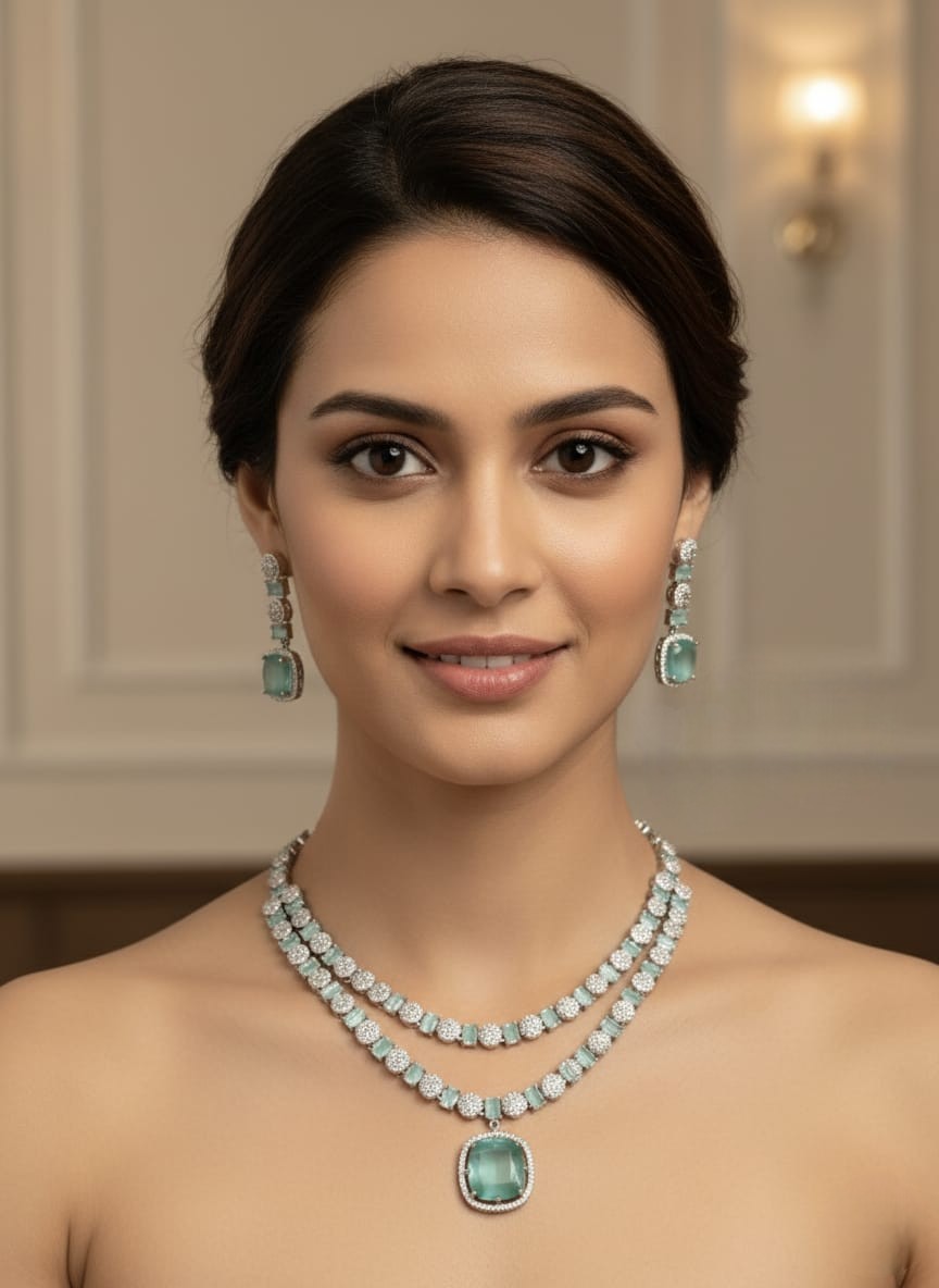 Silver American Diamond Jewellery Set | Elegant Indian Necklace Set with Earrings | Traditional Indian Bridal Jewellery for Wedding & Party Wear