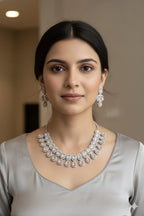 Crystal & Silver Bridal Jewellery Set | Indian American Diamond Necklace Set with Earrings | Elegant Indian Jewellery for Wedding & Party Wear