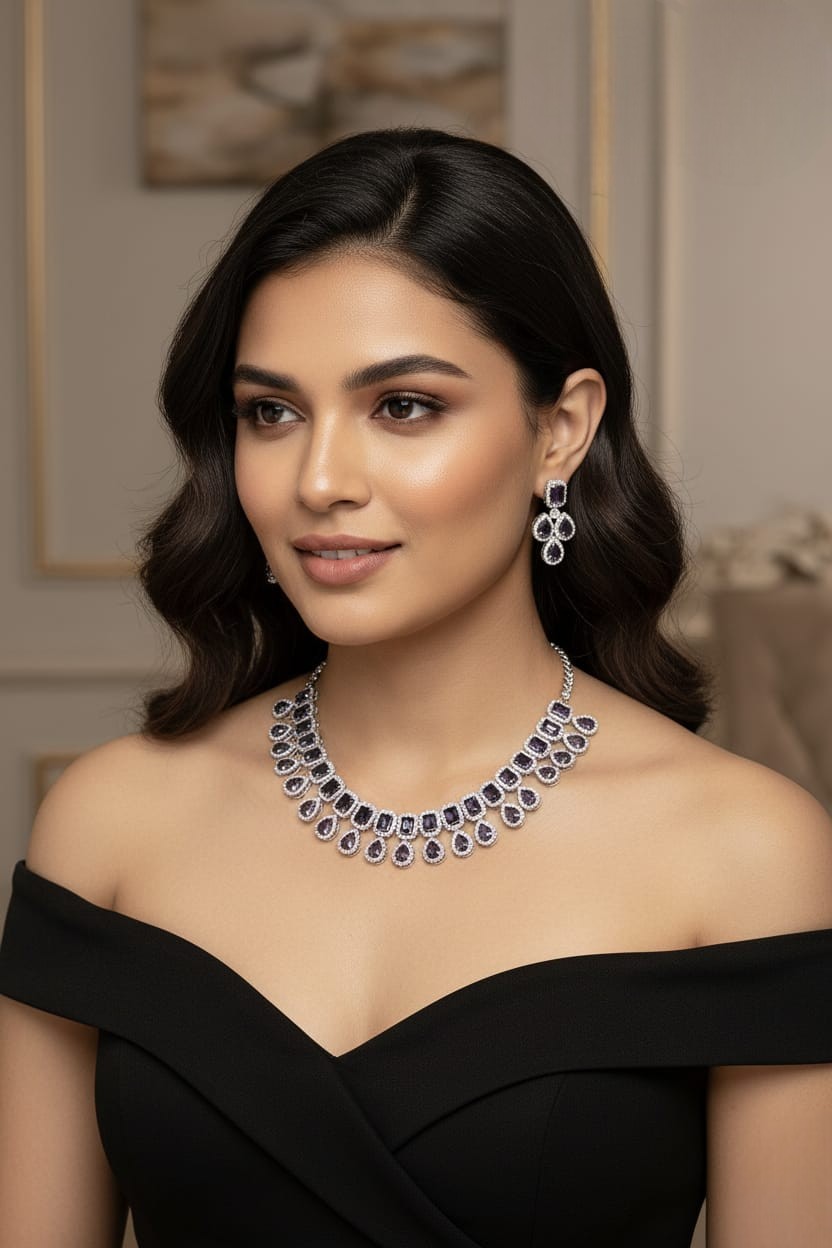 Crystal & Silver Bridal Jewellery Set | Indian American Diamond Necklace Set with Earrings | Elegant Indian Jewellery for Wedding & Party Wear