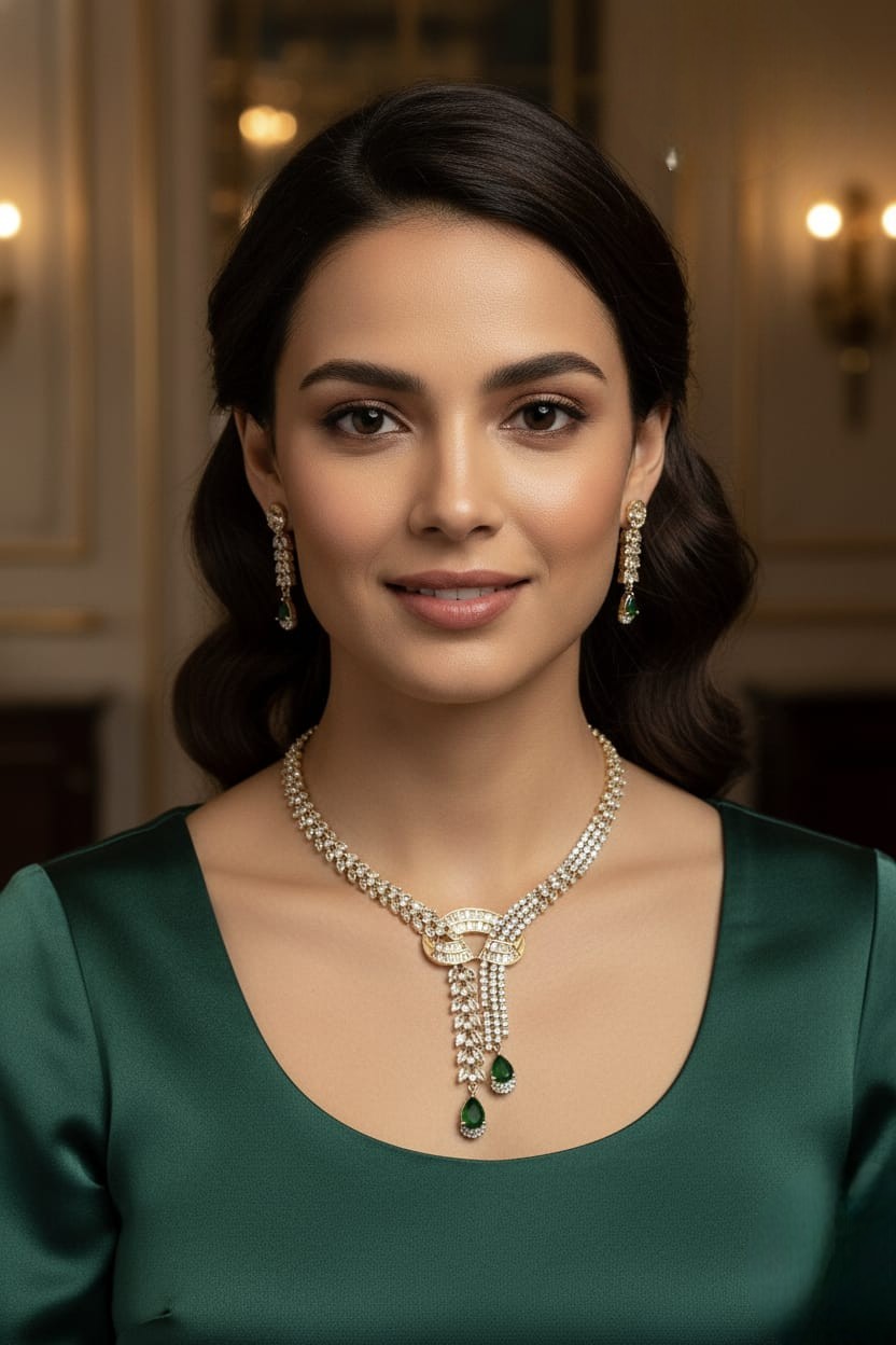 Bridal Gold-Plated Jewellery Set | Indian American Diamond Necklace Set with Earrings | Traditional Indian Bridal Jewellery for Wedding & Party Wear