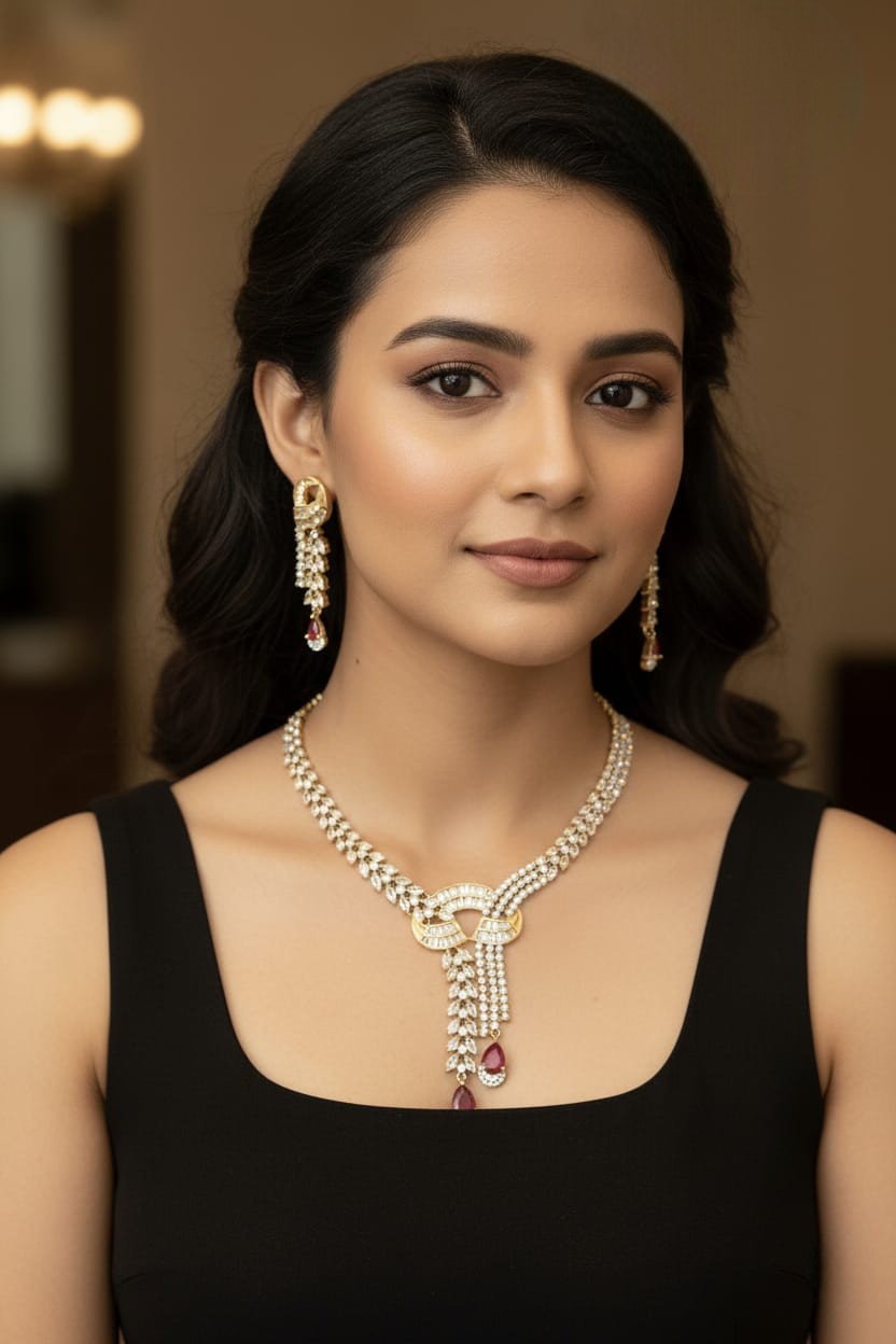 Bridal Gold-Plated Jewellery Set | Indian American Diamond Necklace Set with Earrings | Traditional Indian Bridal Jewellery for Wedding & Party Wear