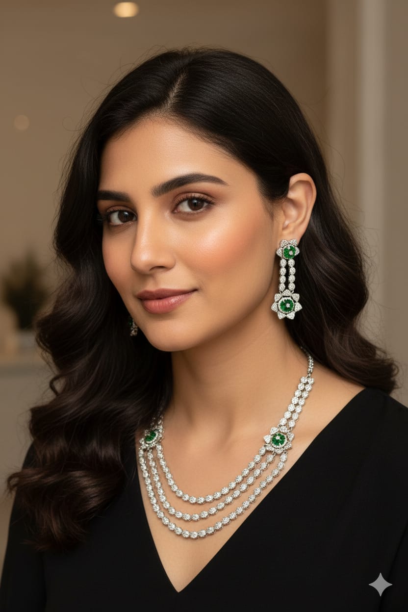 Bridal American Diamond Floral Necklace Set with Earrings | Elegant Indian Jewellery Set | Traditional Indian Bridal Necklace & Earring Set for Wedding & Party Wear