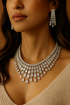 Luxury CZ Stone Bridal Necklace Set with Long Drop Earrings – Silver Finish