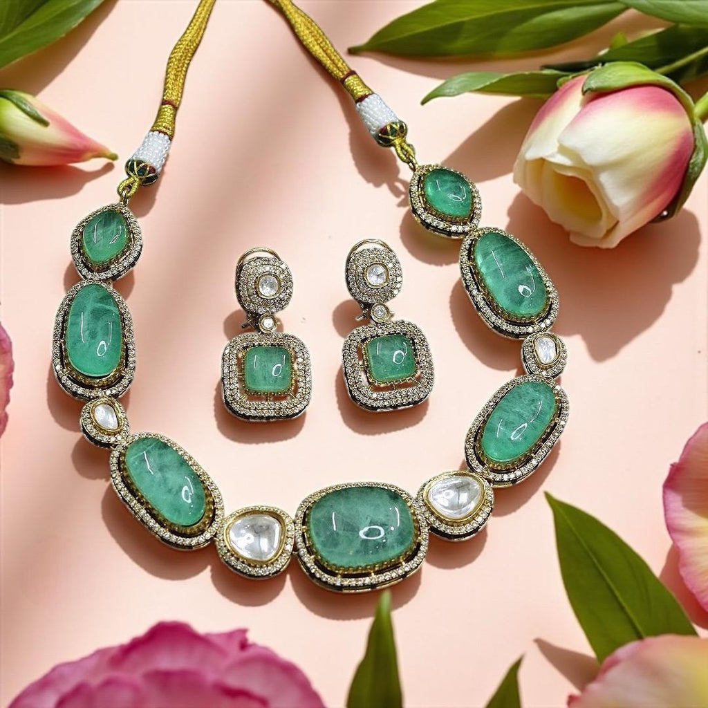 Elegant Green Doublet Stone Necklace Set with CZ Accents Bridal & Festive Jewelry
