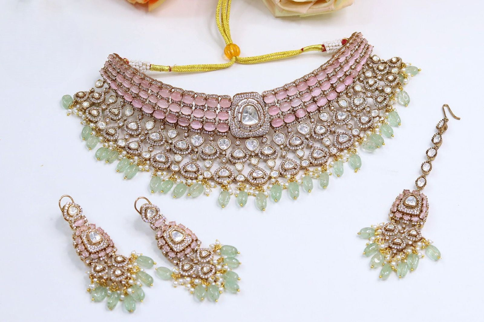 Bridal Kundan Stone Choker Jewellery Set with Maangtika & Earrings – Indian Kundan Pearl Necklace Set | Libasaa Traditional Indian Bridal Jewellery Collection