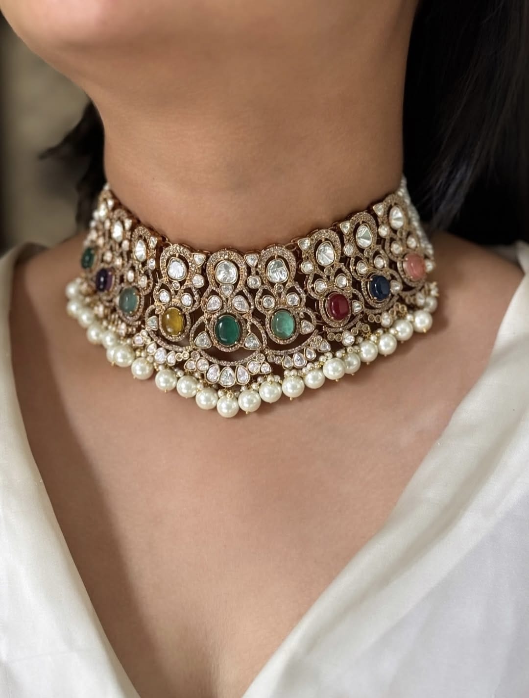 Kundan Pearl Choker Jewellery Set with Earrings – Indian Kundan Polki Jewellery | Libasaa Traditional Indian Jewellery Collection
