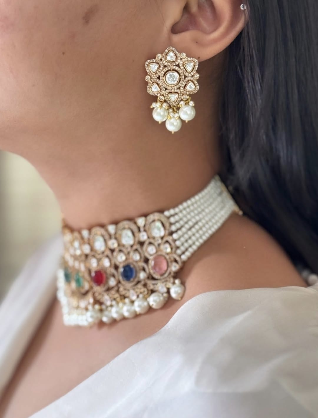 Kundan Pearl Choker Jewellery Set with Earrings – Indian Kundan Polki Jewellery | Libasaa Traditional Indian Jewellery Collection