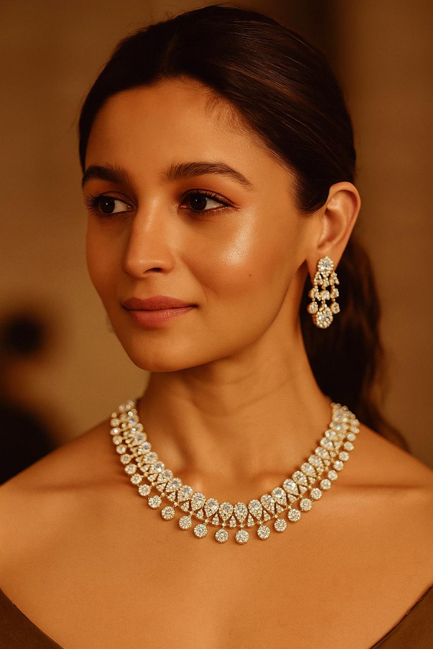 Bollywood Diva Inspired American Diamond Choker Necklace Set – Alia Bhatt AD Necklace Set, Bollywood Jewellery