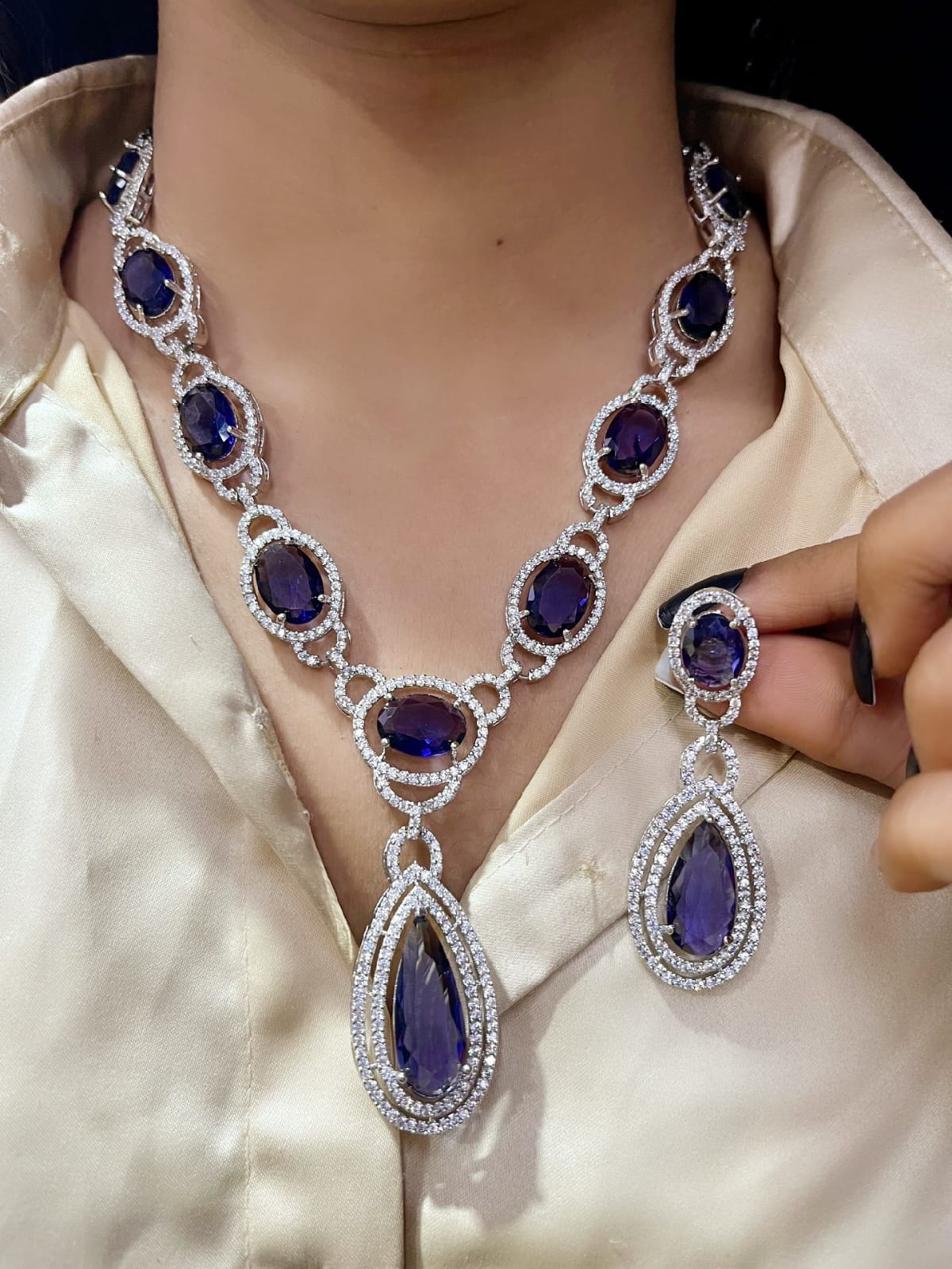 Elegant Fusion Tear Drop American Diamond Necklace Set - Libasaa