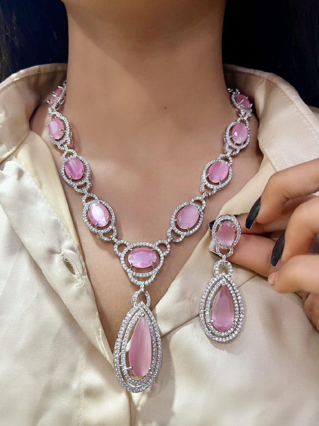 Elegant Fusion Tear Drop American Diamond Necklace Set - Libasaa