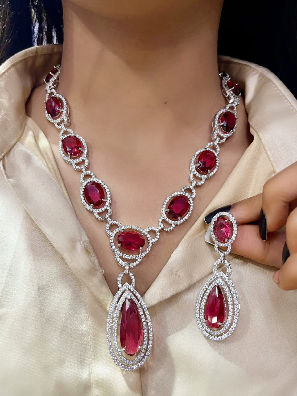 Elegant Fusion Tear Drop American Diamond Necklace Set - Libasaa