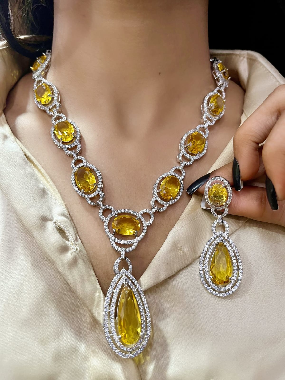Elegant Fusion Tear Drop American Diamond Necklace Set - Libasaa