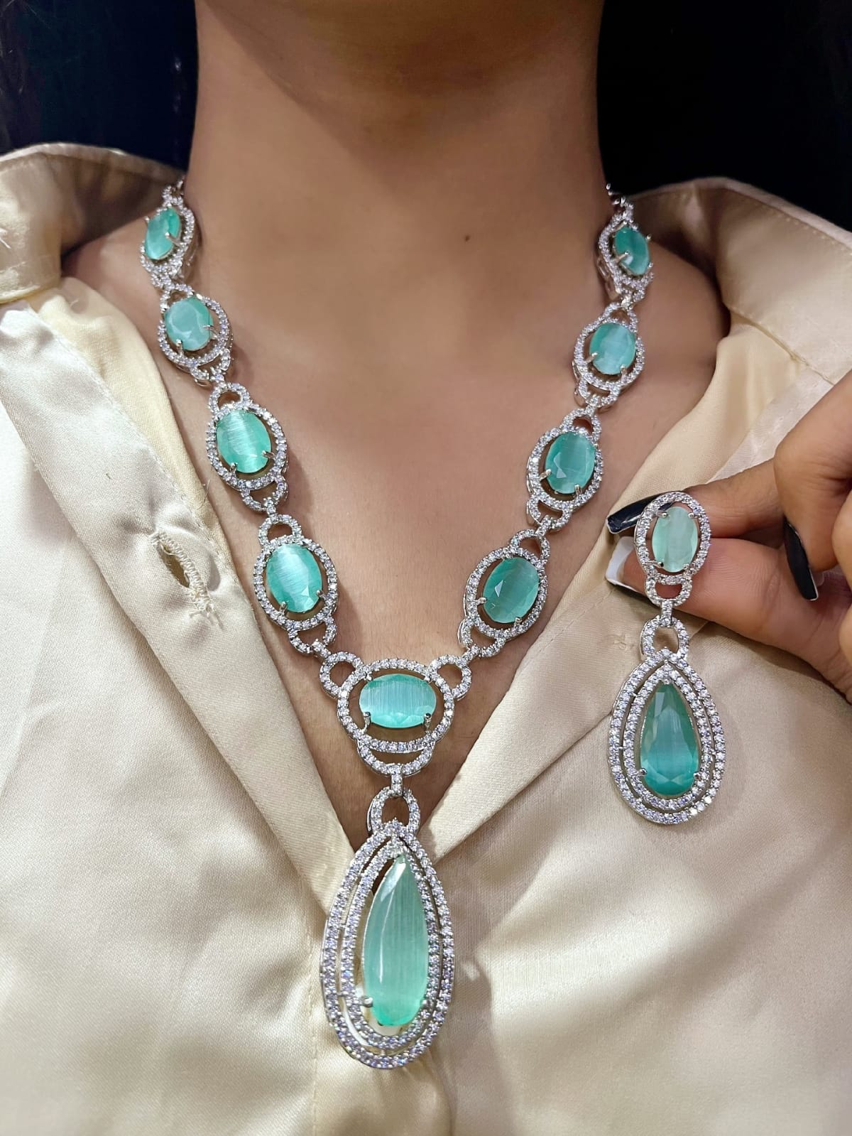 Elegant Fusion Tear Drop American Diamond Necklace Set - Libasaa