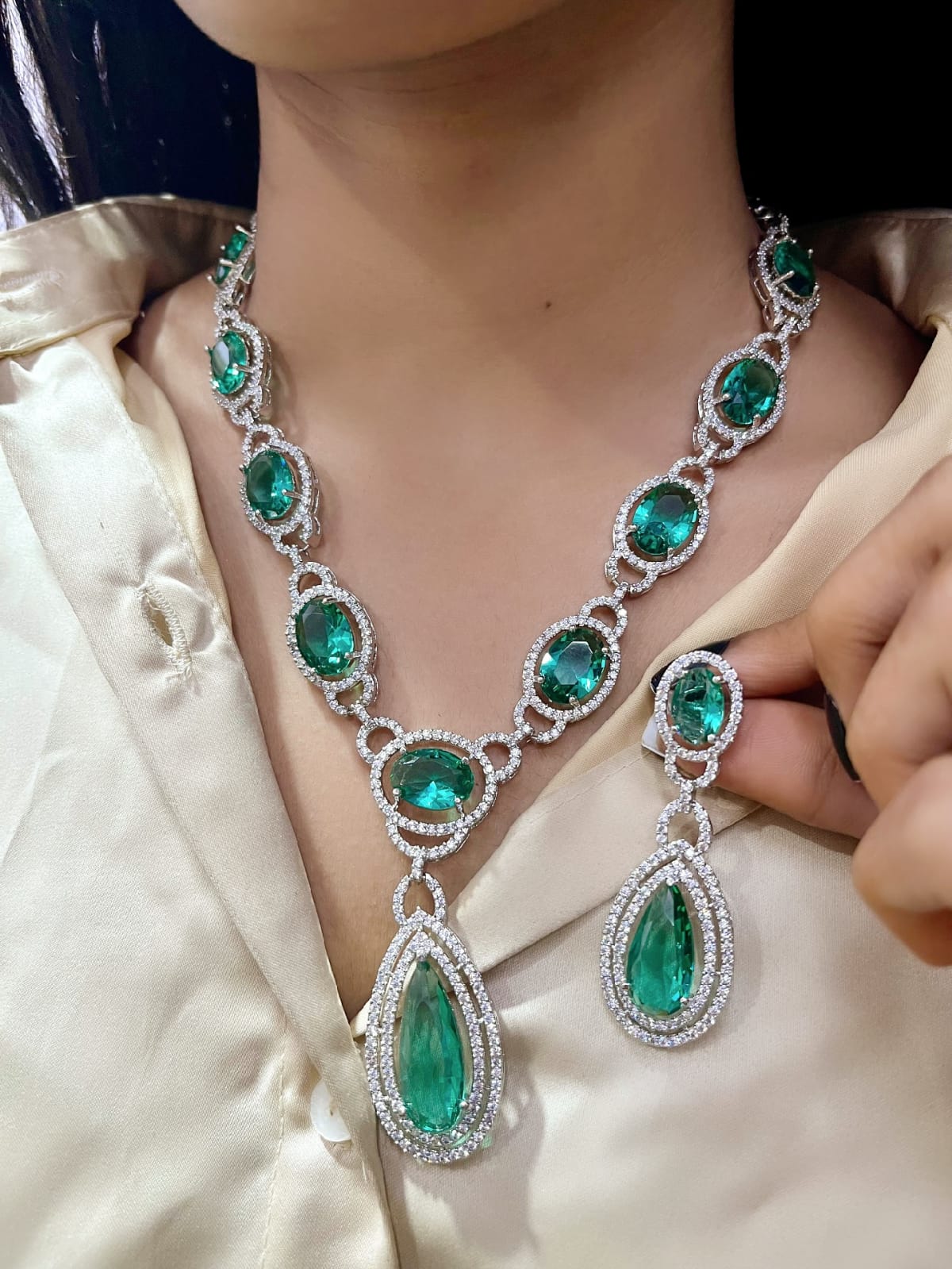 Elegant Fusion Tear Drop American Diamond Necklace Set - Libasaa