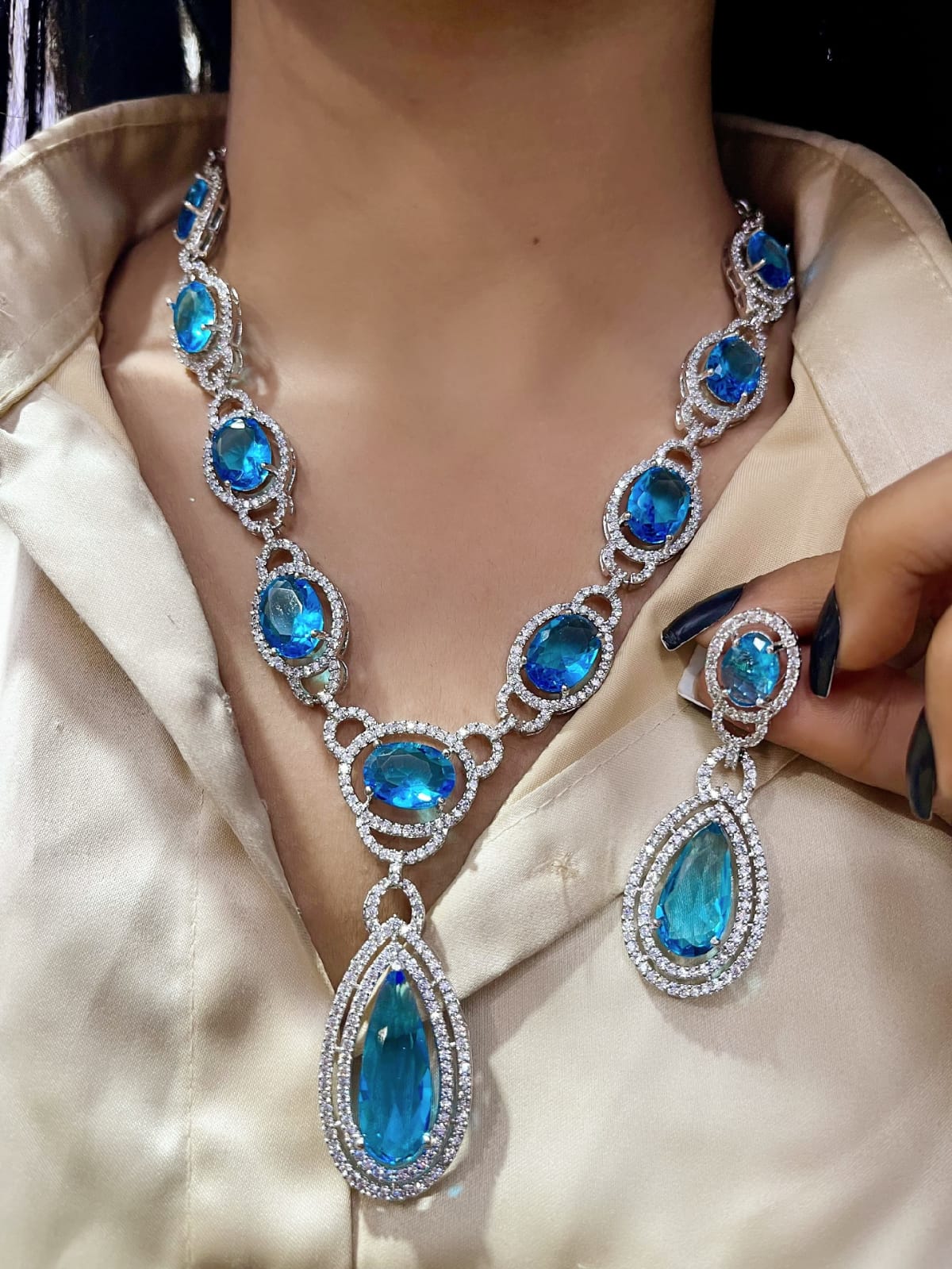 Elegant Fusion Tear Drop American Diamond Necklace Set - Libasaa