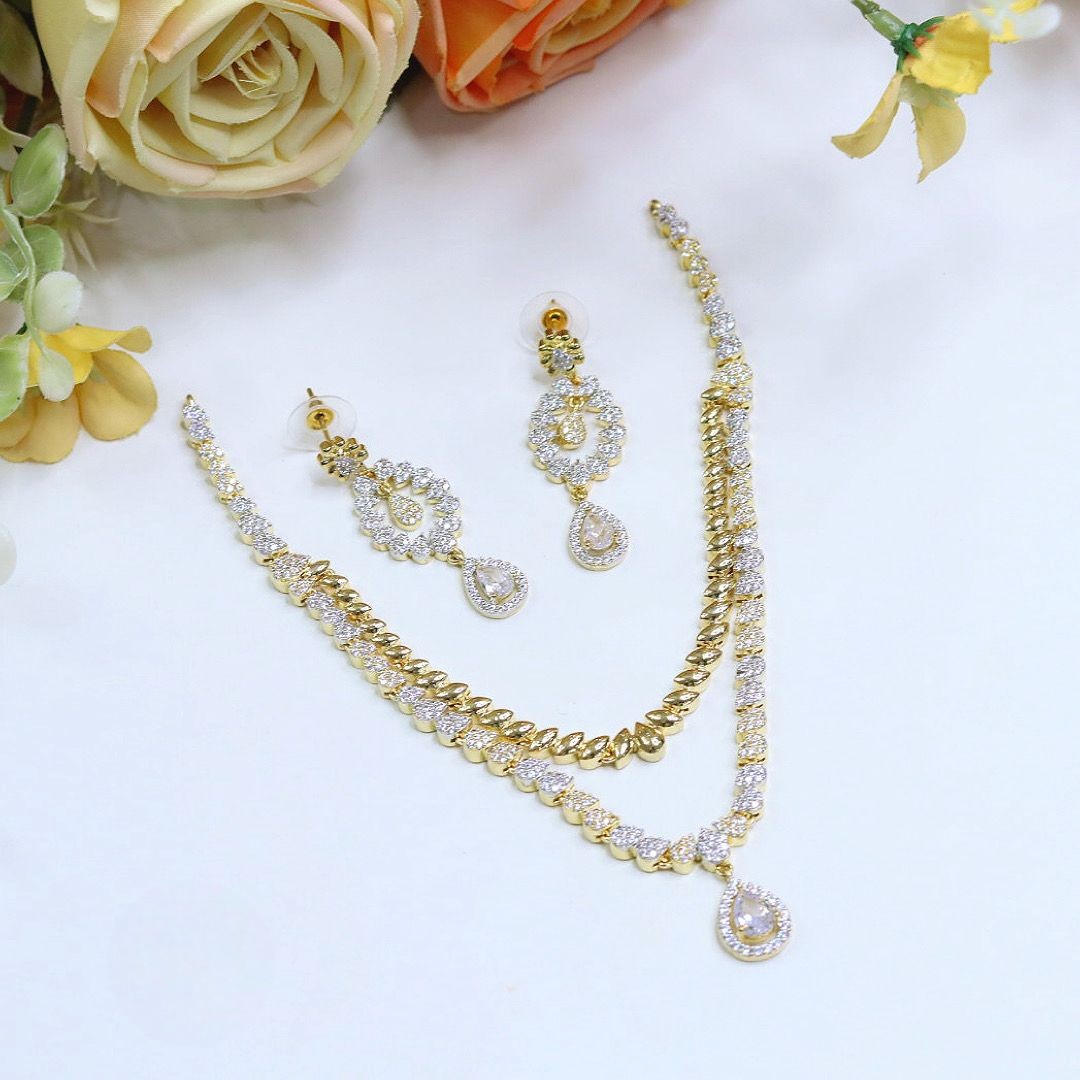 Golden CZ Necklace Jewellery Set | American Diamonds Indian Necklace & Earrings Set