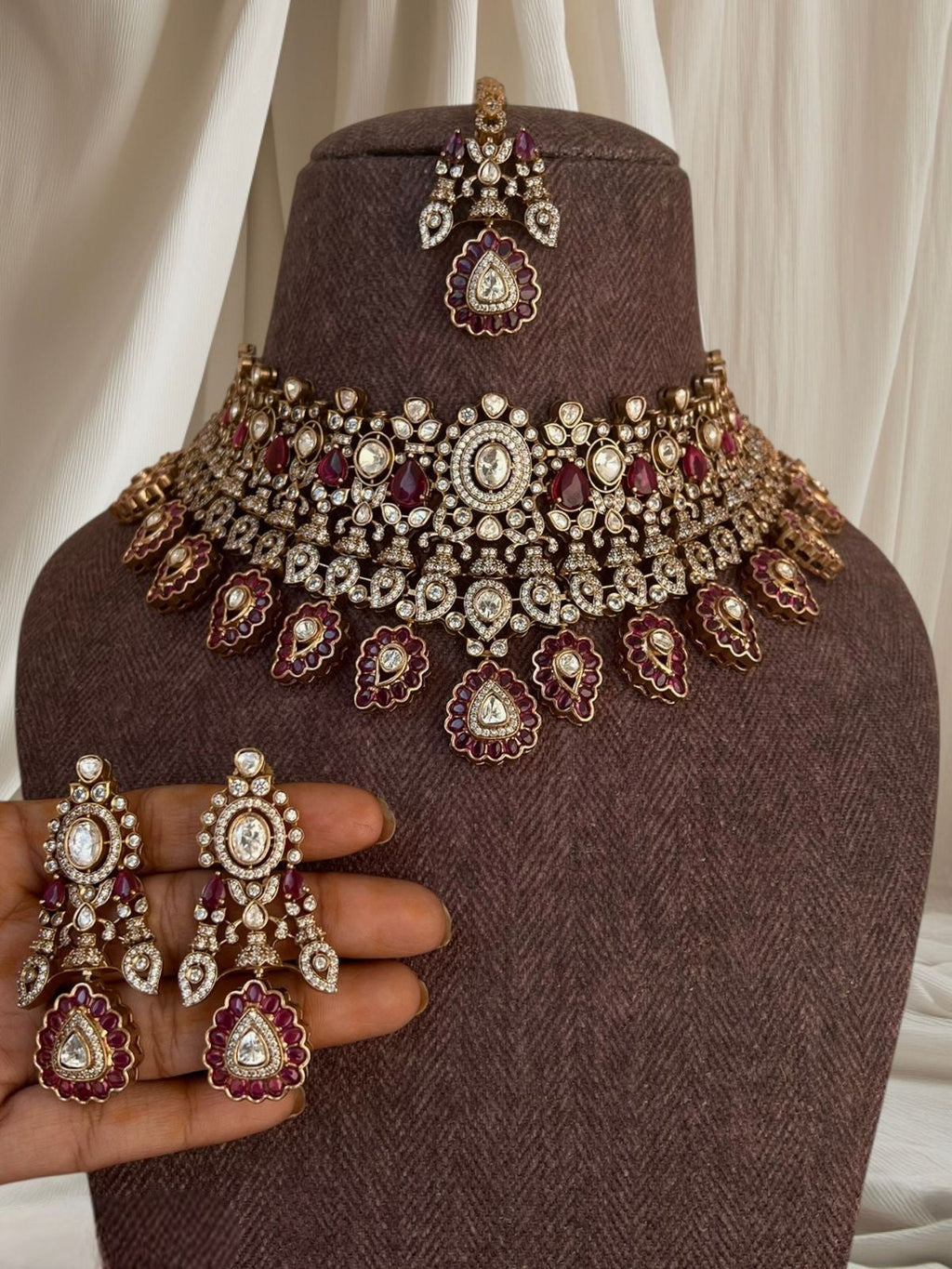 Regal Kundan Bridal Jewellery Set | Indian Jewellery | Kundan Polki Necklace Set | Polki Choker with Earrings & Maang Tikka