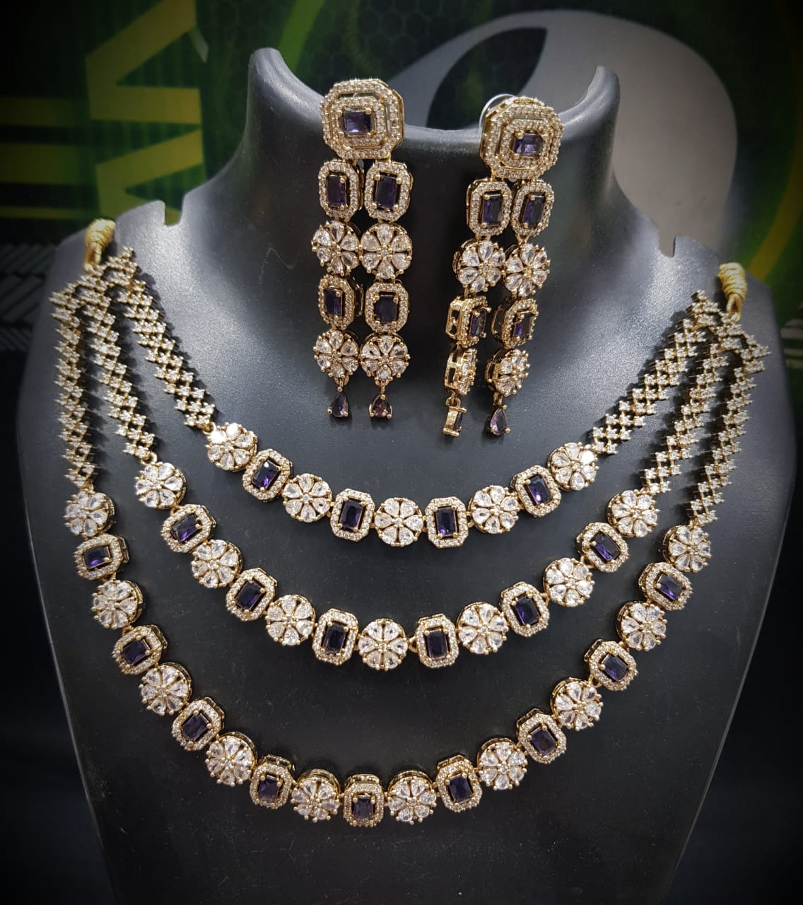Luxurious 3-Layer American Diamond Necklace Set | Gold-Plated Indian Jewellery | Premium Indian Necklace Set With Matching Earrings