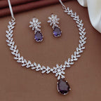 Silver CZ Necklace Set with Pink Teardrop Stones | Silver-Plated Indian Jewellery | Elegant Indian Necklace Set With Matching Earrings