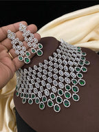 Silver-Plated Choker Necklace Set with Mint Green Stones | Silver-Plated Indian Jewellery | Stylish Indian Necklace Set With Matching Earrings