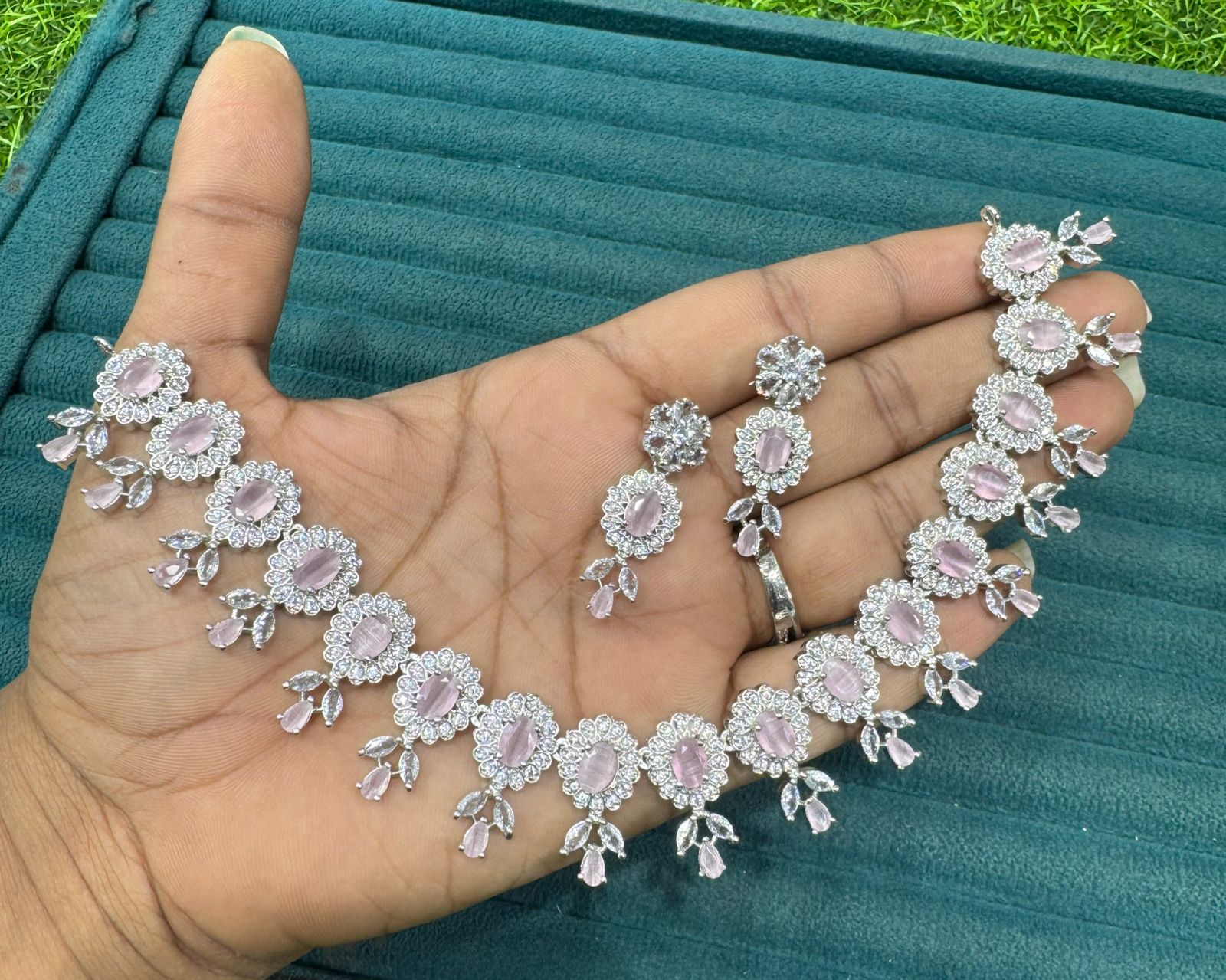 Premium Stone Silver-Plated Necklace Set with Matching Earrings | Indian Jewellery | Stone Jewellery | Indian Necklace Set