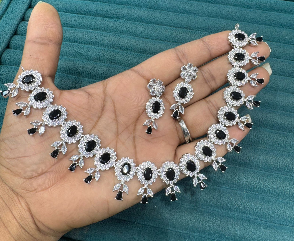 Premium Stone Silver-Plated Necklace Set with Matching Earrings | Indian Jewellery | Stone Jewellery | Indian Necklace Set