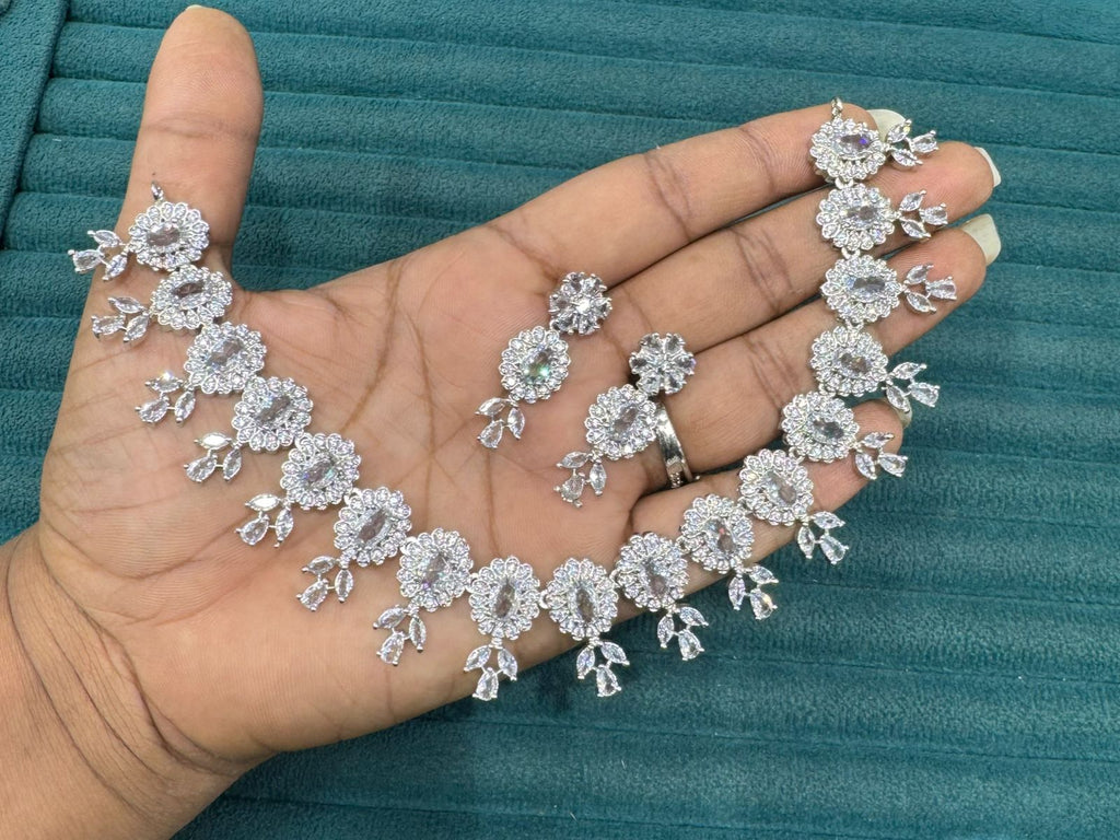 Premium Stone Silver-Plated Necklace Set with Matching Earrings | Indian Jewellery | Stone Jewellery | Indian Necklace Set