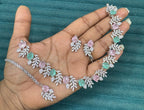 Multicolor Silver Stone Diamond Necklace Set with Matching Earrings & Maangtika | Premium Indian Jewellery | Silver Diamond Jewellery | Indian Necklace Set