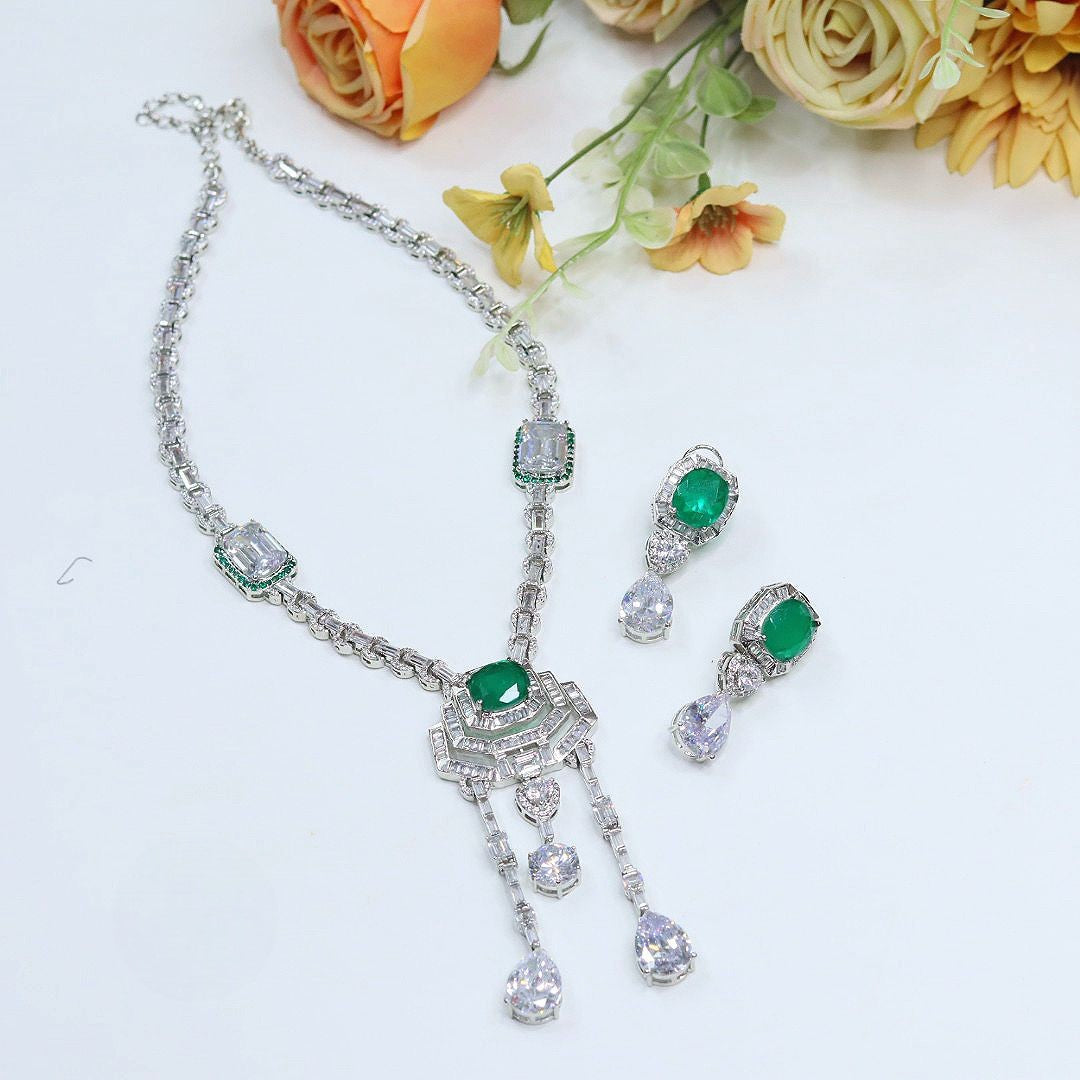 Emerald & Diamond-Style Necklace Set with Matching Earrings | Nita Ambani Inspired Indian Jewellery | Premium Diamond Jewellery Indian Neckles Set
