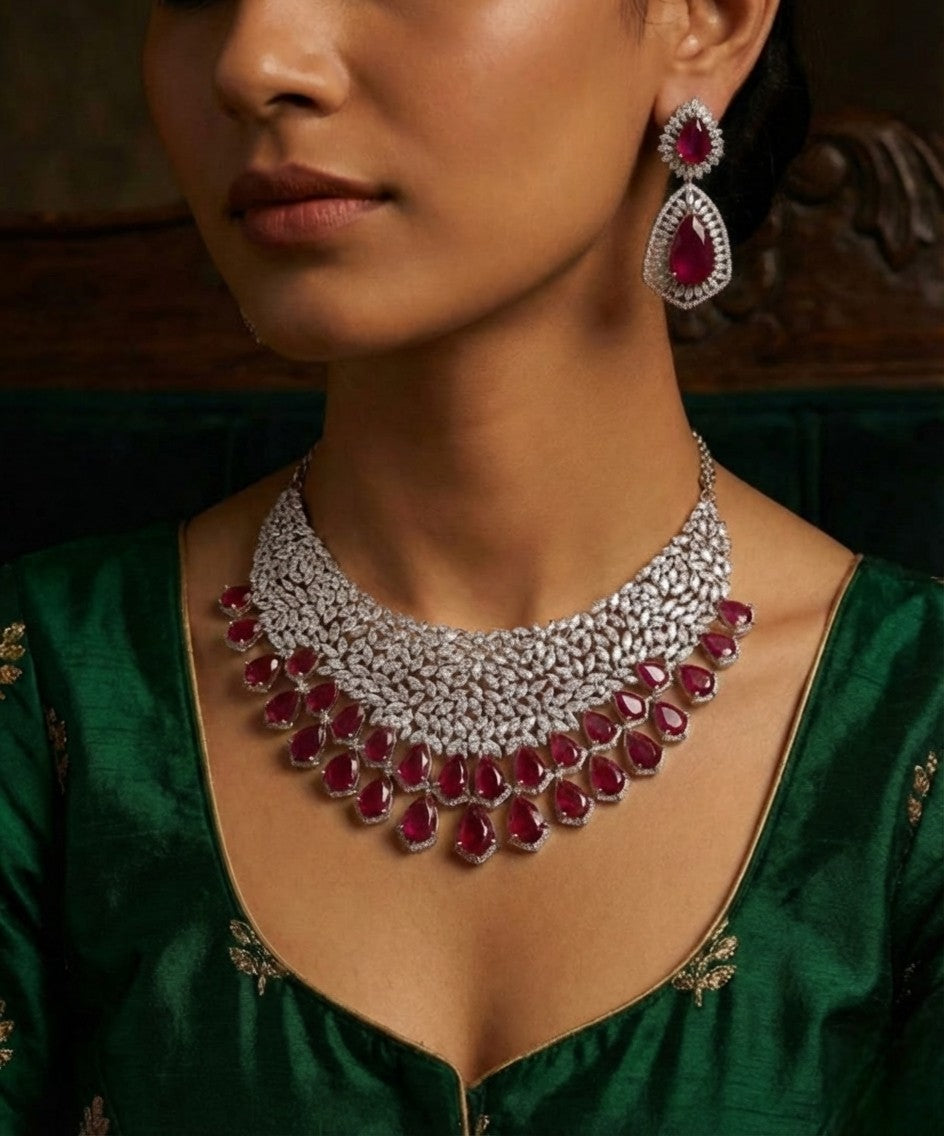 Luxury Pink Stone Diamond Choker Necklace Set with Matching Earrings | Indian Jewellery