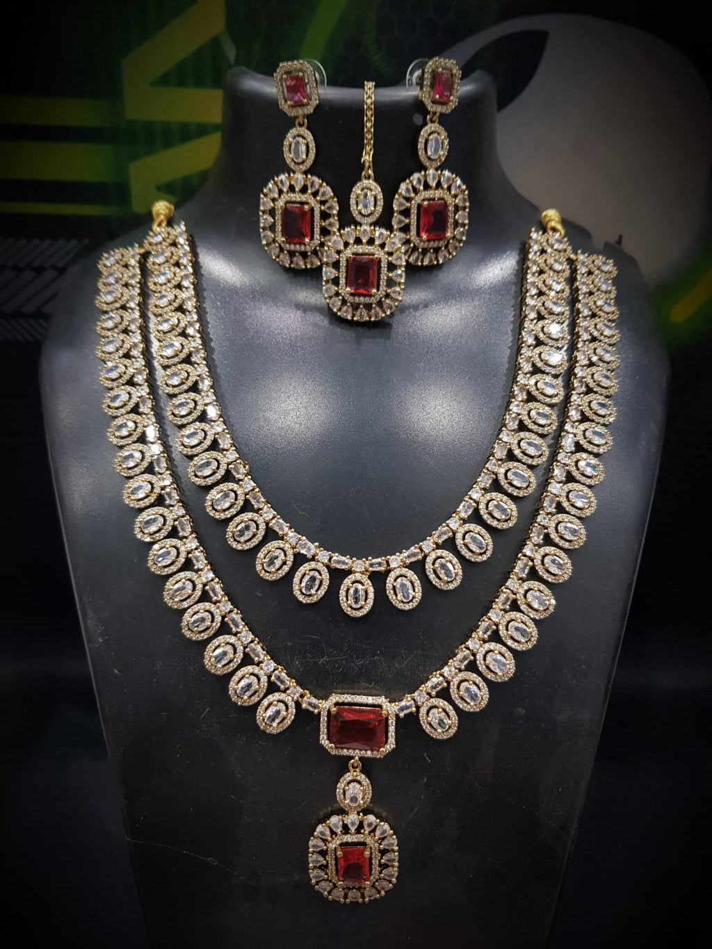 Bridal Emerald Green Stone Layered Necklace Set with Earrings & Maang Tikka | Gold Plated Indian Jewellery Necklace Set